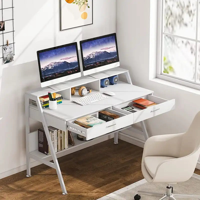 Bureau informatique avec 2 tiroirs et étagère de rangement, support pour écran
