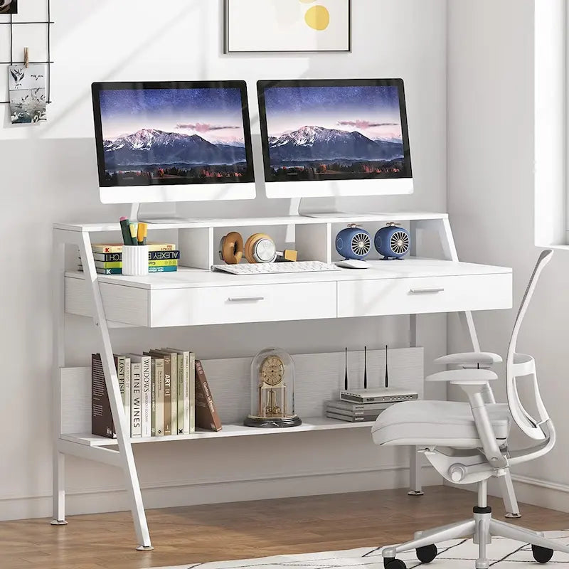 Bureau informatique avec 2 tiroirs et étagère de rangement, support pour écran
