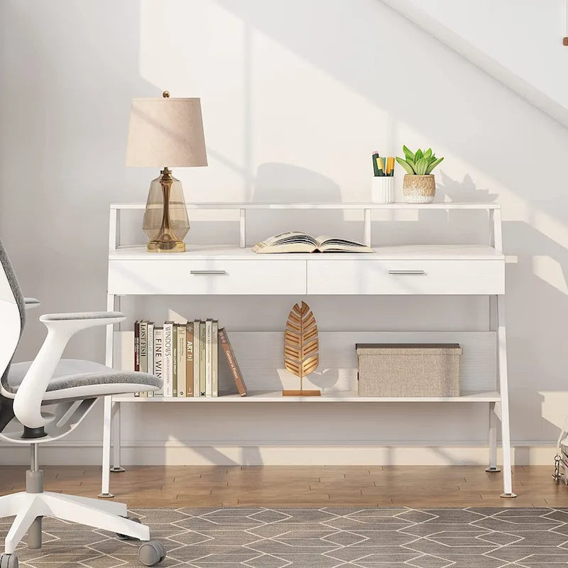 Bureau informatique avec 2 tiroirs et étagère de rangement, support pour écran
