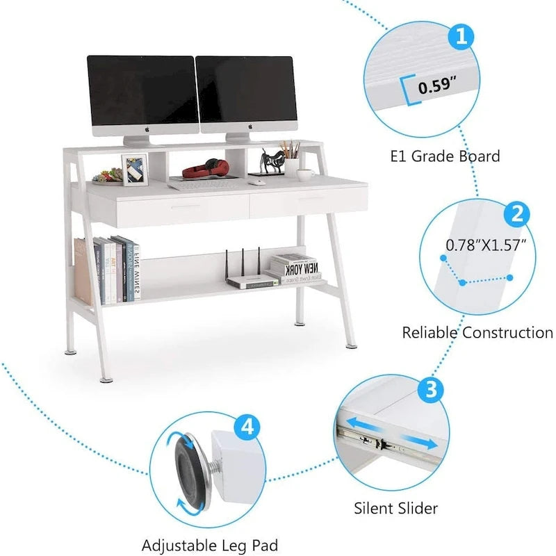 Bureau informatique avec 2 tiroirs et étagère de rangement, support pour écran