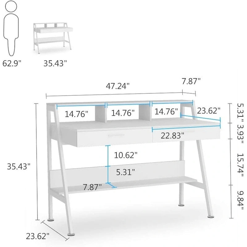 Bureau informatique avec 2 tiroirs et étagère de rangement, support pour écran
