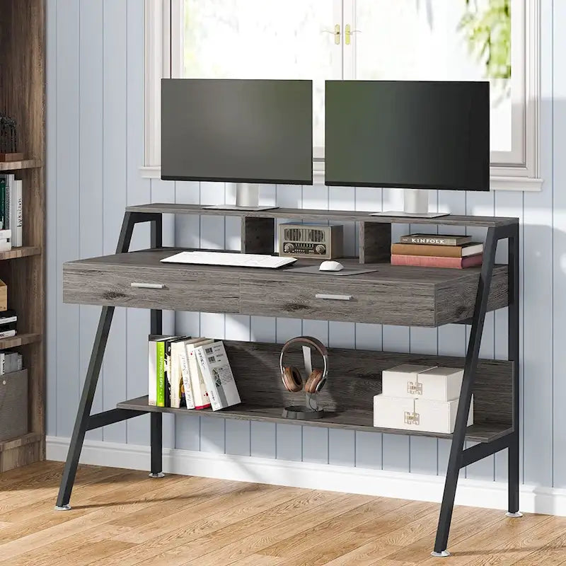 Bureau informatique avec 2 tiroirs et étagère de rangement, support pour écran