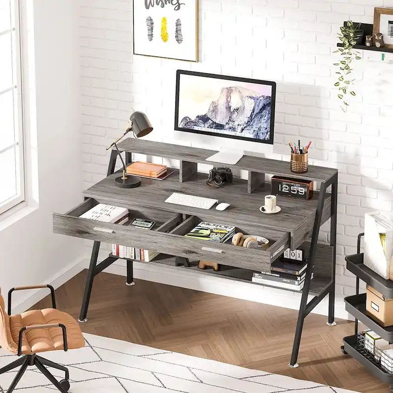Bureau informatique avec 2 tiroirs et étagère de rangement, support pour écran