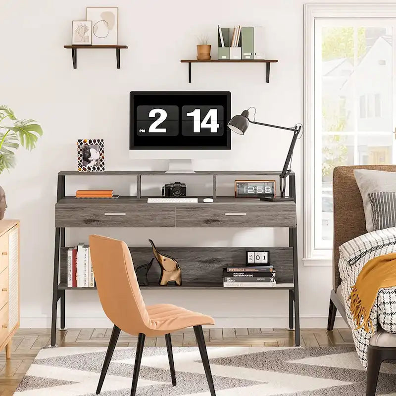 Bureau informatique avec 2 tiroirs et étagère de rangement, support pour écran
