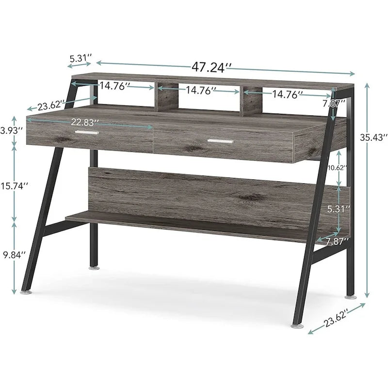 Bureau informatique avec 2 tiroirs et étagère de rangement, support pour écran