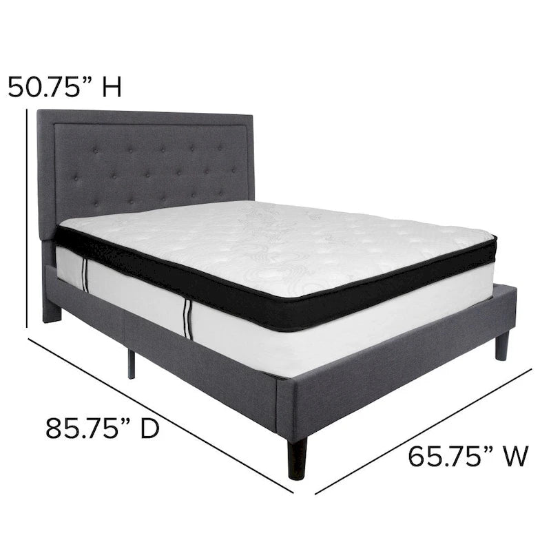 Lit plateforme capitonné et matelas à ressorts ensachés en mousse à mémoire de forme