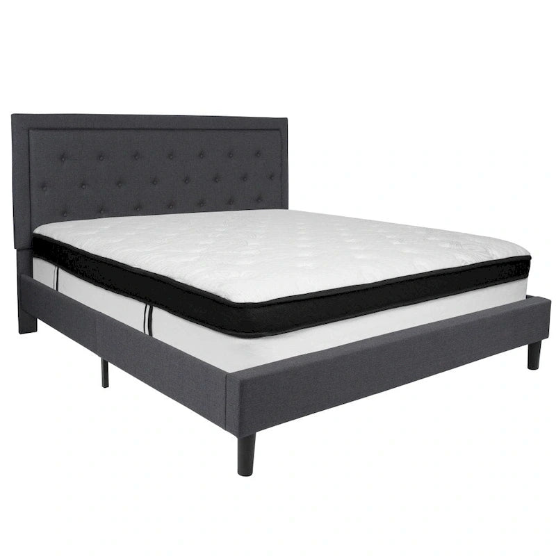 Lit plateforme capitonné et matelas à ressorts ensachés en mousse à mémoire de forme