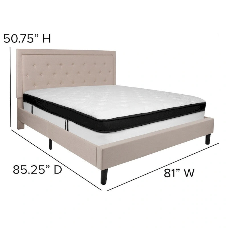 Lit plateforme capitonné et matelas à ressorts ensachés en mousse à mémoire de forme