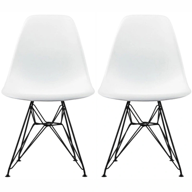Lot de 2 chaises de salle à manger modernes du milieu du siècle, sans accoudoirs, avec coque en plastique et piétement Eiffel en métal noir, couleur blanche