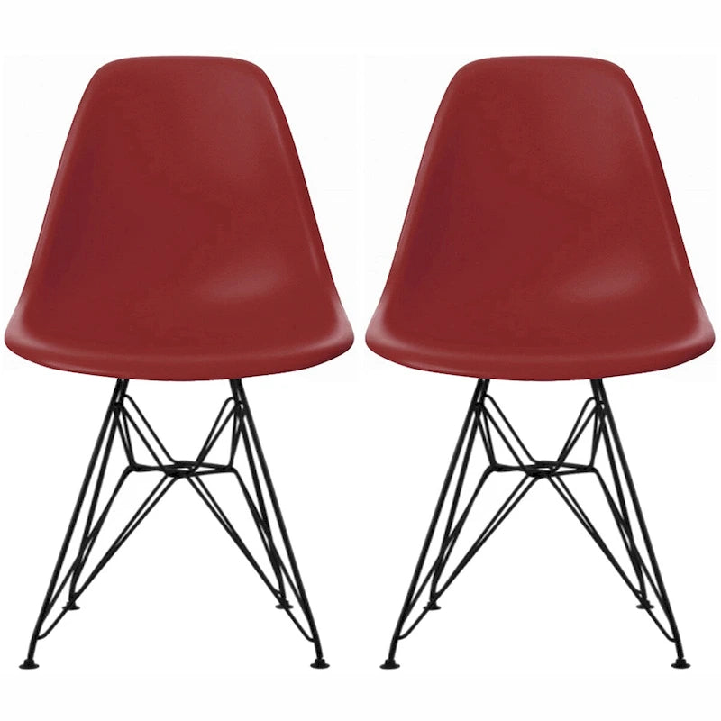 Lot de 2 chaises de salle à manger modernes du milieu du siècle, sans accoudoirs, avec coque en plastique et piétement Eiffel en métal noir, couleur blanche