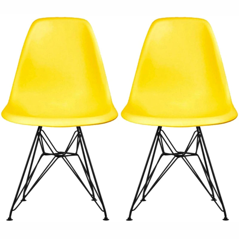 Lot de 2 chaises de salle à manger modernes du milieu du siècle, sans accoudoirs, avec coque en plastique et piétement Eiffel en métal noir, couleur blanche