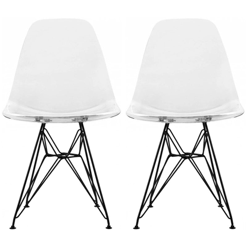 Lot de 2 chaises de salle à manger modernes du milieu du siècle, sans accoudoirs, avec coque en plastique et piétement Eiffel en métal noir, couleur blanche