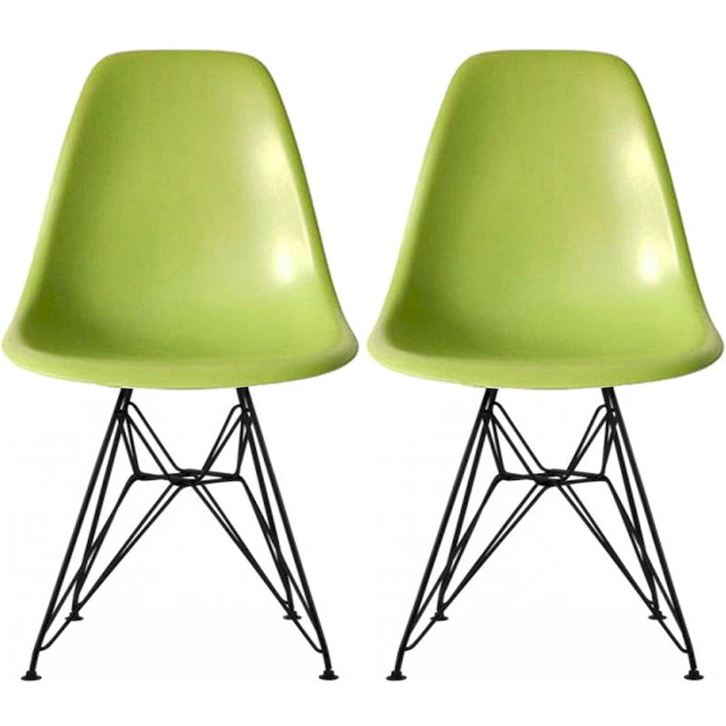 Lot de 2 chaises de salle à manger modernes du milieu du siècle, sans accoudoirs, avec coque en plastique et piétement Eiffel en métal noir, couleur blanche