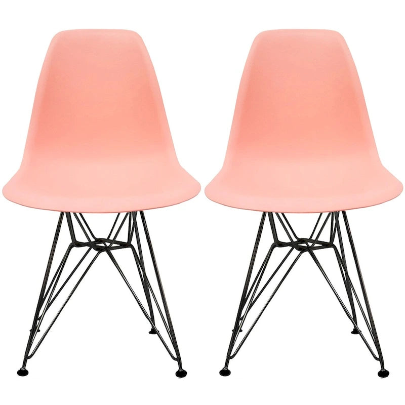 Lot de 2 chaises de salle à manger modernes du milieu du siècle, sans accoudoirs, avec coque en plastique et piétement Eiffel en métal noir, couleur blanche