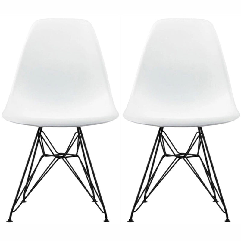 Lot de 2 chaises de salle à manger modernes du milieu du siècle, sans accoudoirs, avec coque en plastique et piétement Eiffel en métal noir, couleur blanche