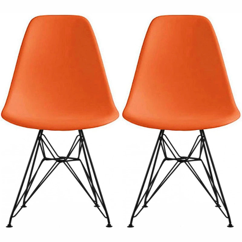 Lot de 2 chaises de salle à manger modernes du milieu du siècle, sans accoudoirs, avec coque en plastique et piétement Eiffel en métal noir, couleur blanche