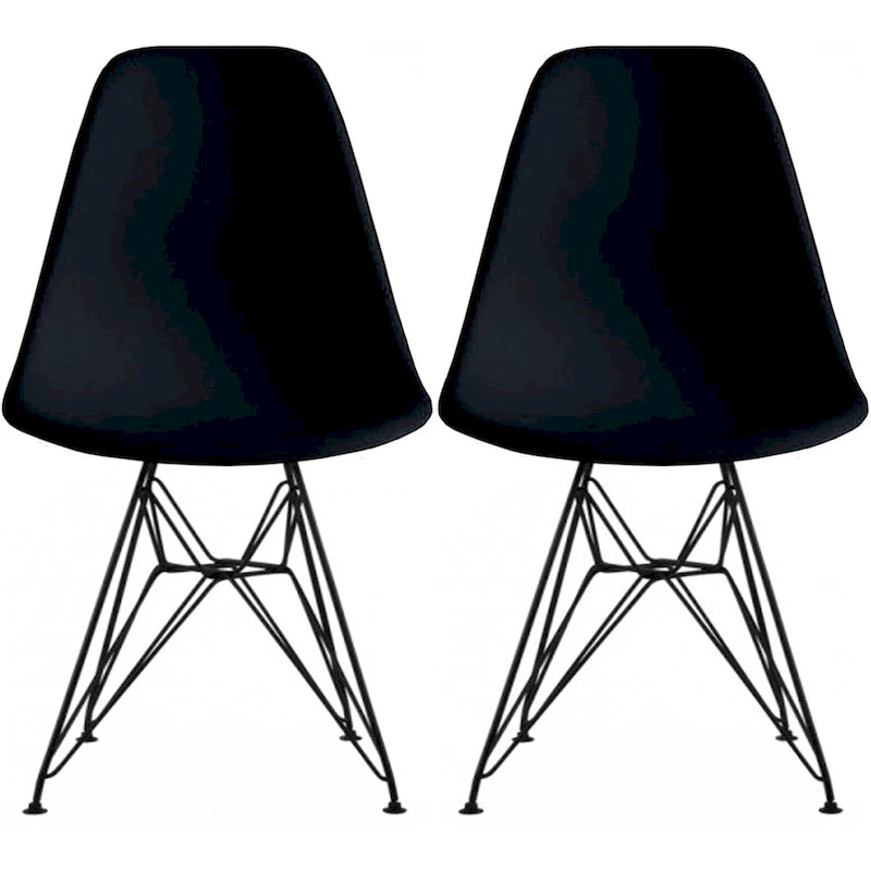 Lot de 2 chaises de salle à manger modernes du milieu du siècle, sans accoudoirs, avec coque en plastique et piétement Eiffel en métal noir, couleur blanche