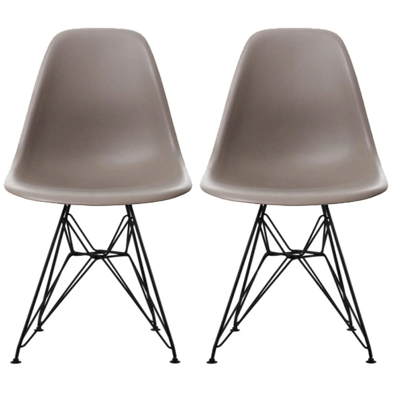 Lot de 2 chaises de salle à manger modernes du milieu du siècle, sans accoudoirs, avec coque en plastique et piétement Eiffel en métal noir, couleur blanche