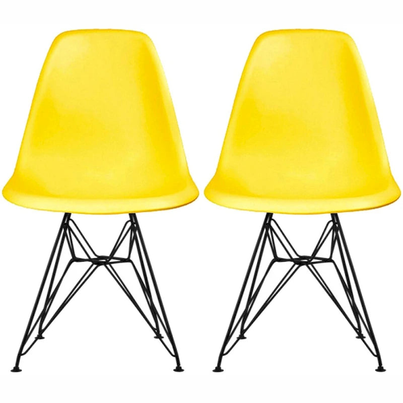 Lot de 2 chaises de salle à manger modernes du milieu du siècle, sans accoudoirs, avec coque en plastique et piétement Eiffel en métal noir, couleur blanche