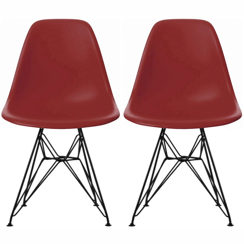 Lot de 2 chaises de salle à manger modernes du milieu du siècle, sans accoudoirs, avec coque en plastique et piétement Eiffel en métal noir, couleur blanche