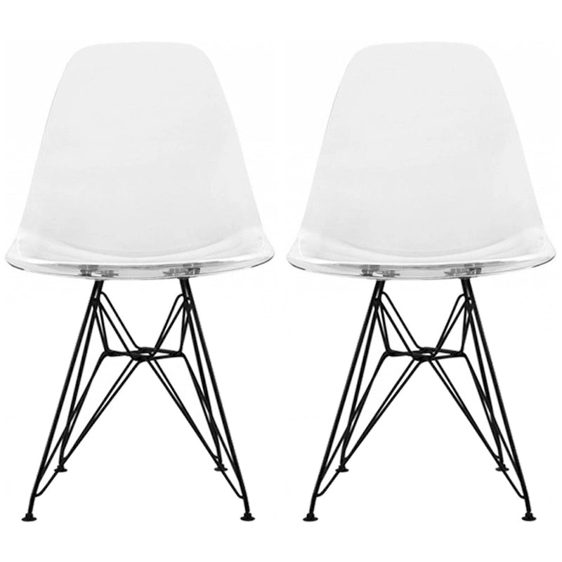 Lot de 2 chaises de salle à manger modernes du milieu du siècle, sans accoudoirs, avec coque en plastique et piétement Eiffel en métal noir, couleur blanche