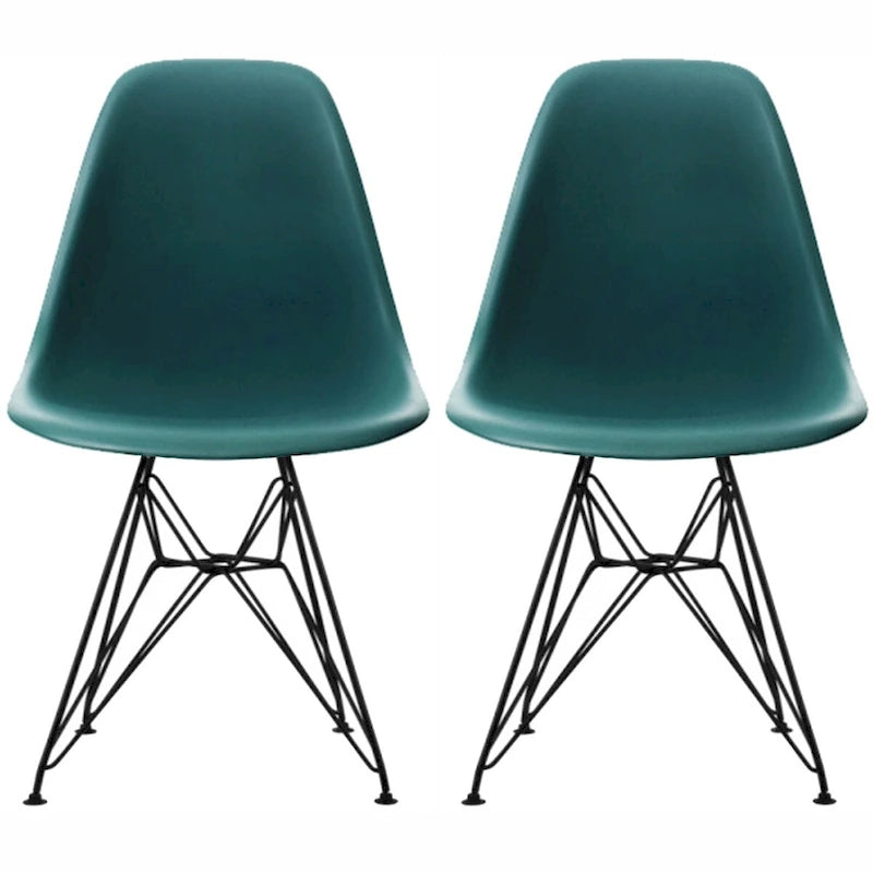 Lot de 2 chaises de salle à manger modernes du milieu du siècle, sans accoudoirs, avec coque en plastique et piétement Eiffel en métal noir, couleur blanche