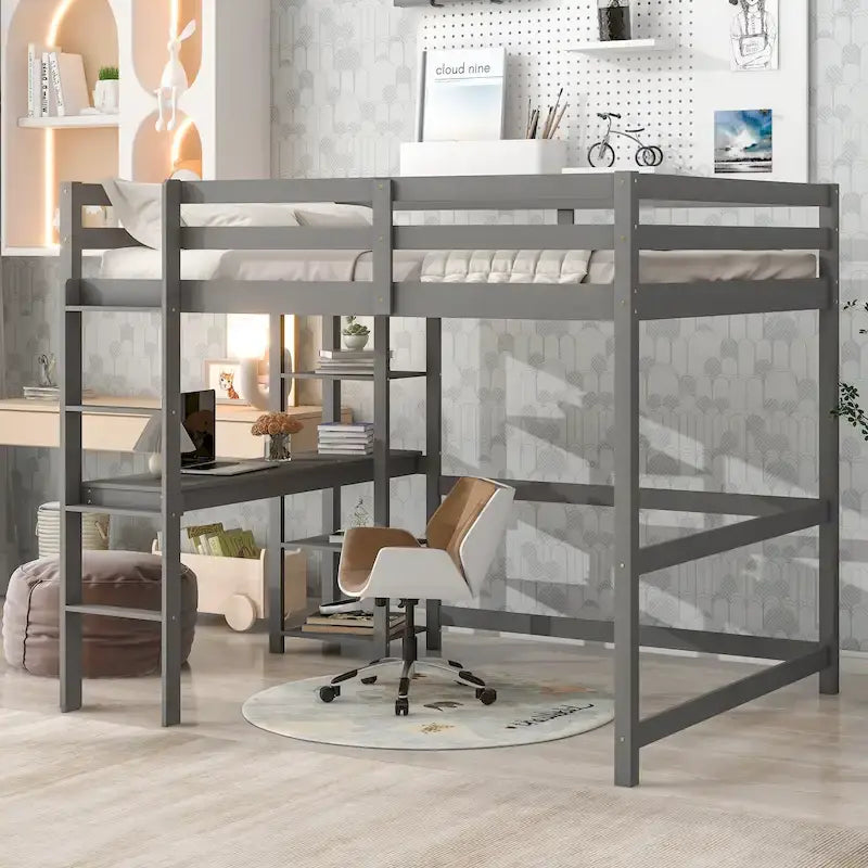 Lit mezzanine double avec bureau, étagères et échelle