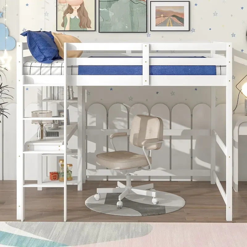 Lit mezzanine double avec bureau, étagères et échelle