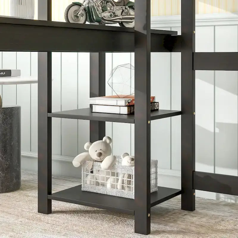 Lit mezzanine double avec bureau, étagères et échelle