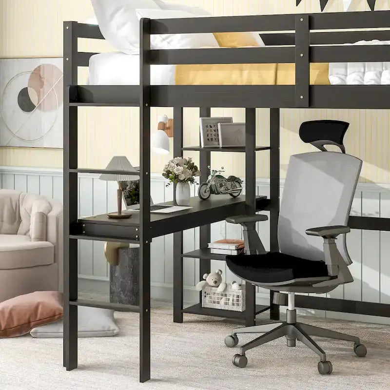Lit mezzanine double avec bureau, étagères et échelle