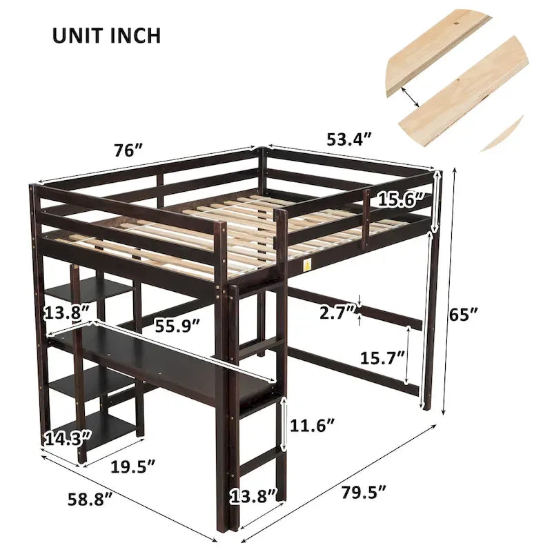 Lit mezzanine double avec bureau, étagères et échelle