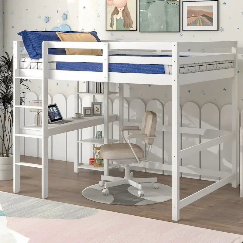 Lit mezzanine double avec bureau, étagères et échelle