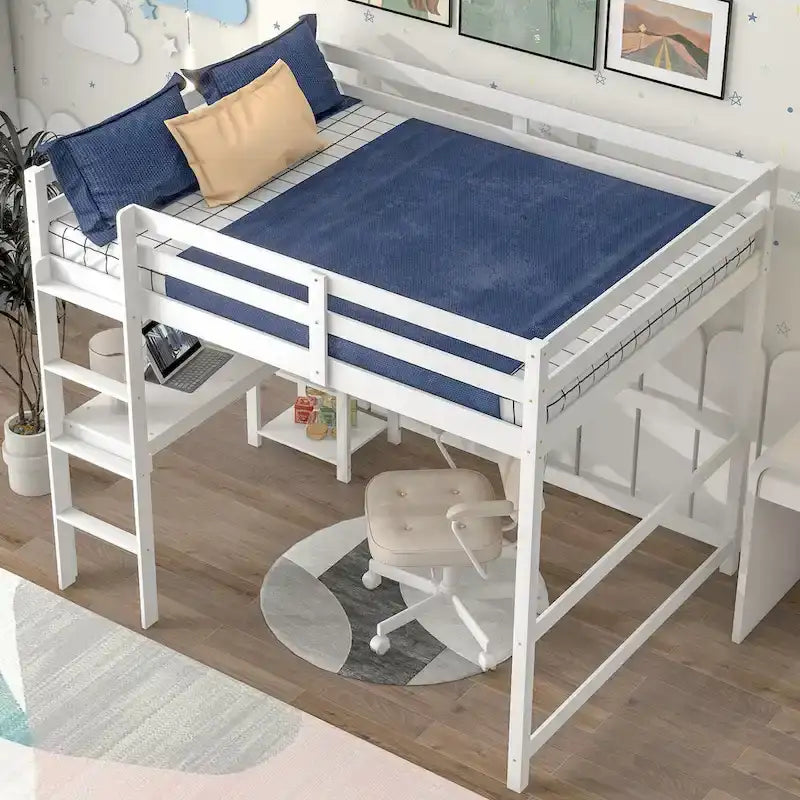 Lit mezzanine double avec bureau, étagères et échelle