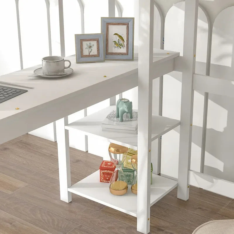Lit mezzanine double avec bureau, étagères et échelle