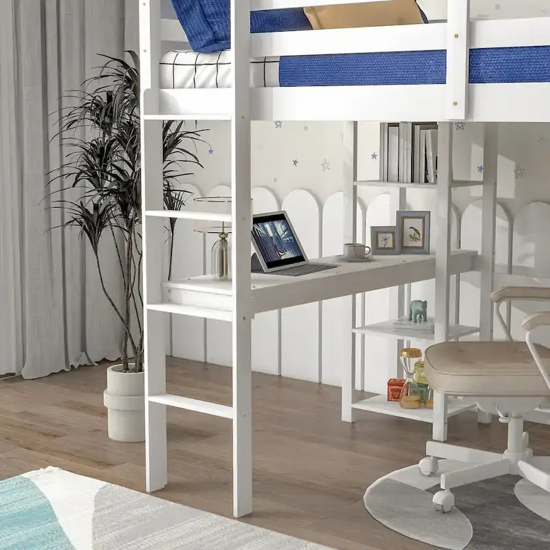 Lit mezzanine double avec bureau, étagères et échelle