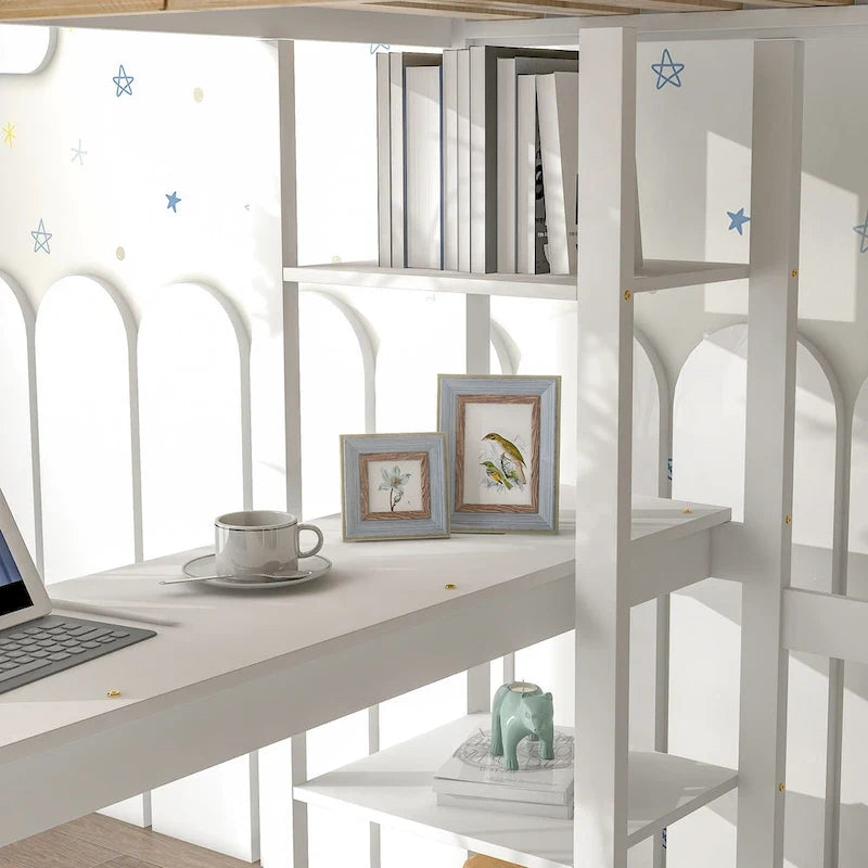 Lit mezzanine double avec bureau, étagères et échelle