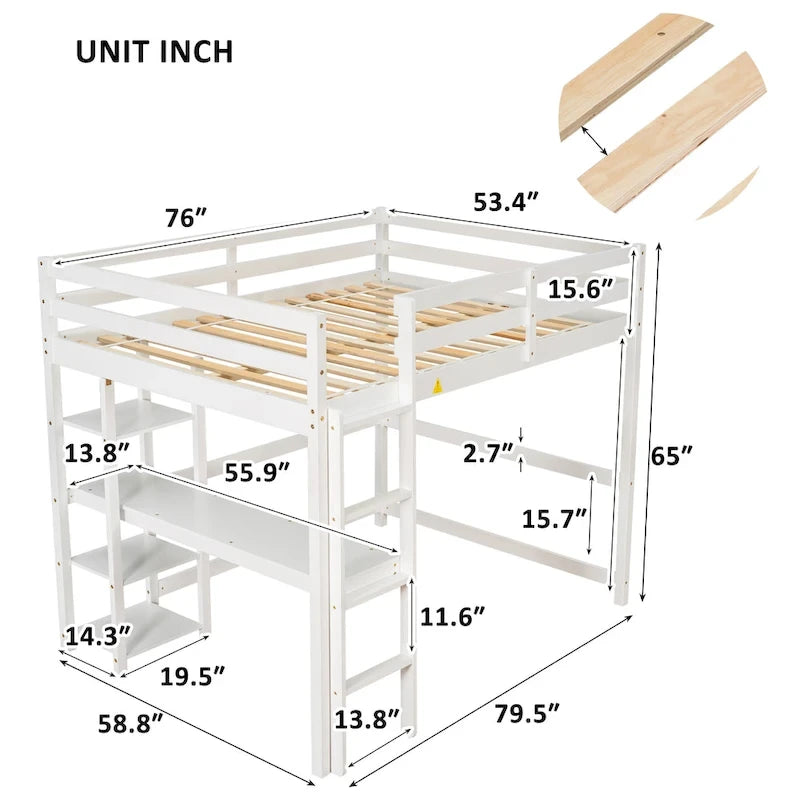 Lit mezzanine double avec bureau, étagères et échelle
