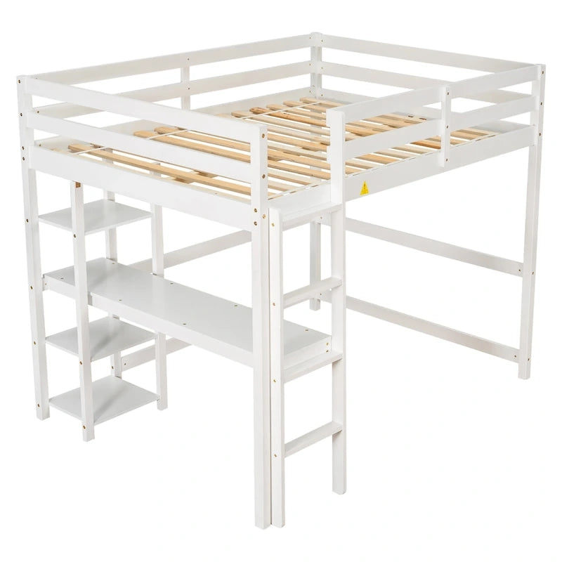 Lit mezzanine double avec bureau, étagères et échelle