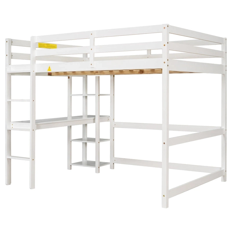 Lit mezzanine double avec bureau, étagères et échelle