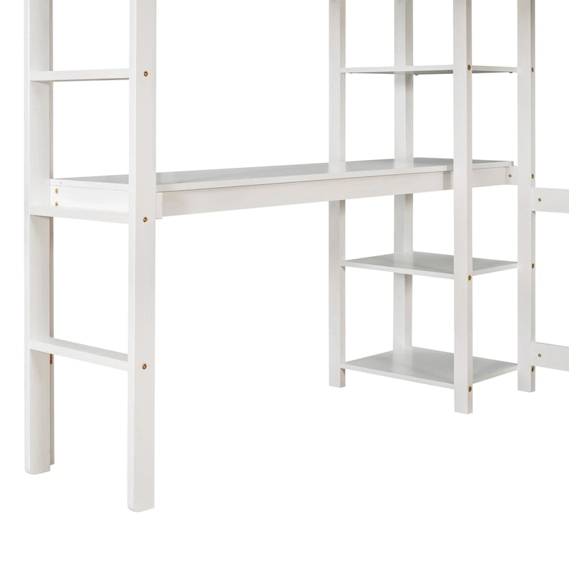 Lit mezzanine double avec bureau, étagères et échelle