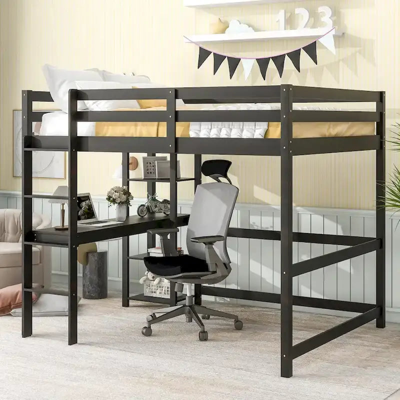 Lit mezzanine double avec bureau, étagères et échelle