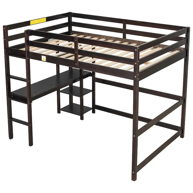 Lit mezzanine double avec bureau, étagères et échelle