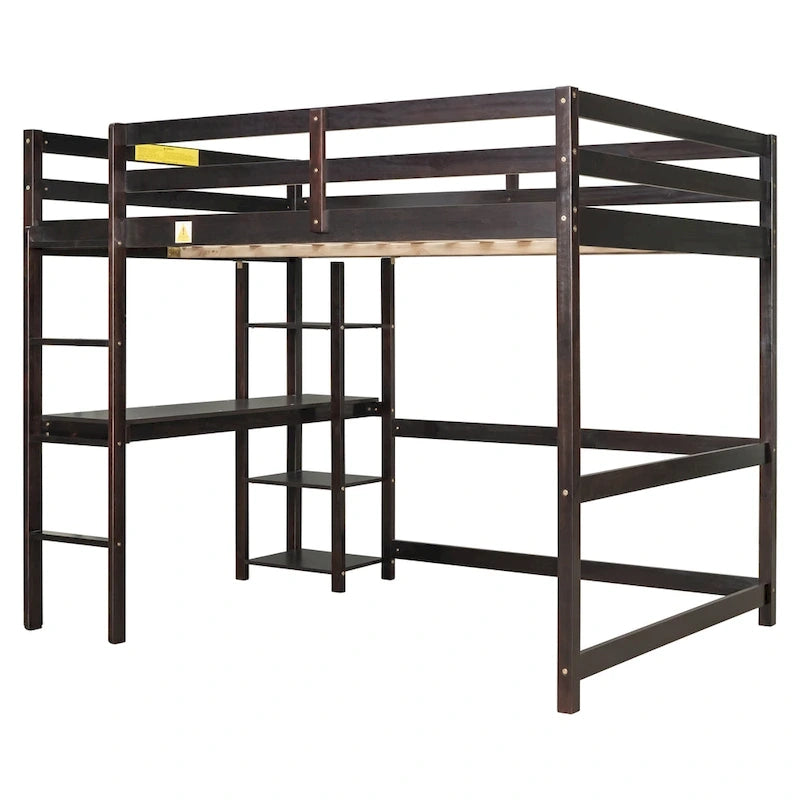 Lit mezzanine double avec bureau, étagères et échelle