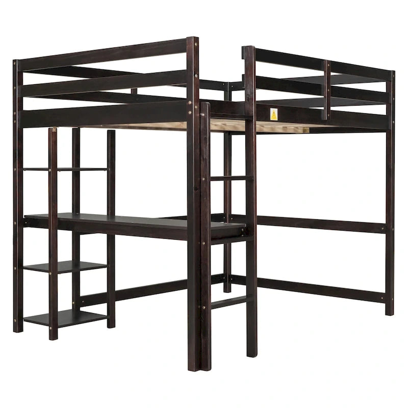 Lit mezzanine double avec bureau, étagères et échelle