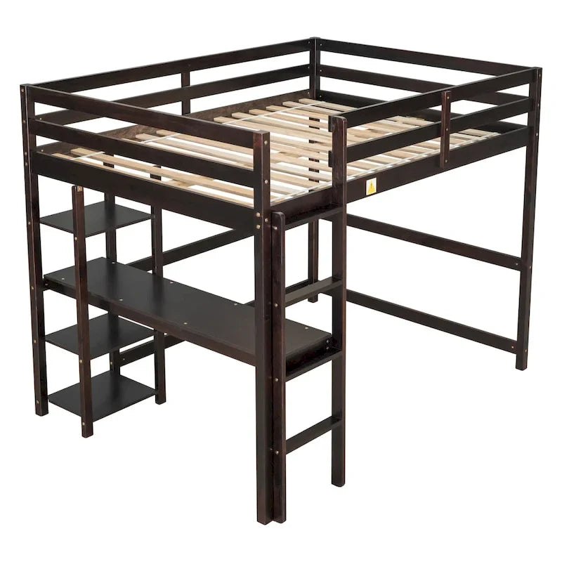 Lit mezzanine double avec bureau, étagères et échelle