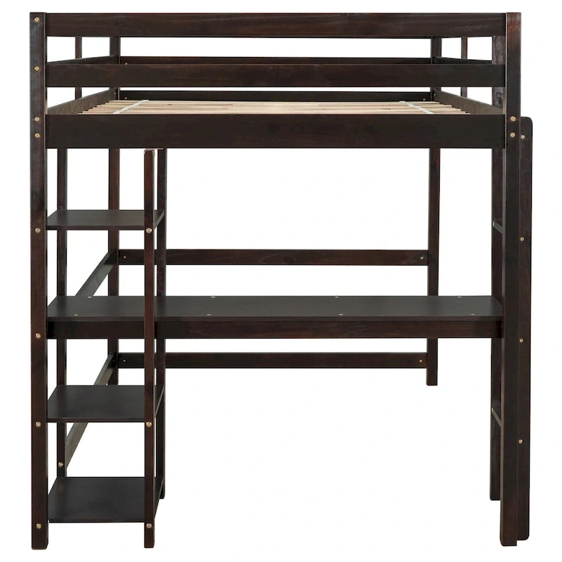 Lit mezzanine double avec bureau, étagères et échelle