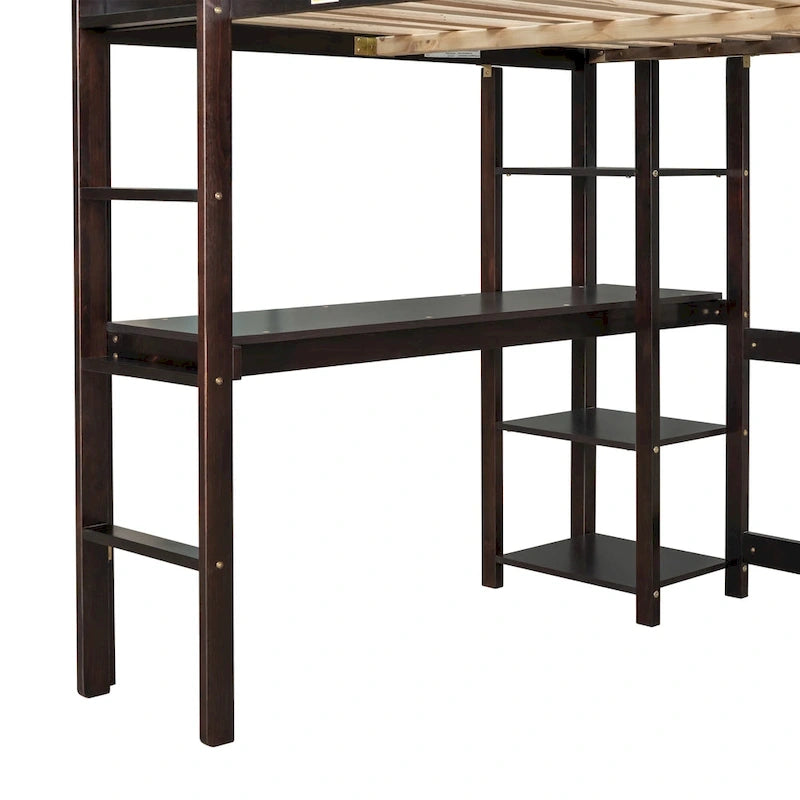 Lit mezzanine double avec bureau, étagères et échelle