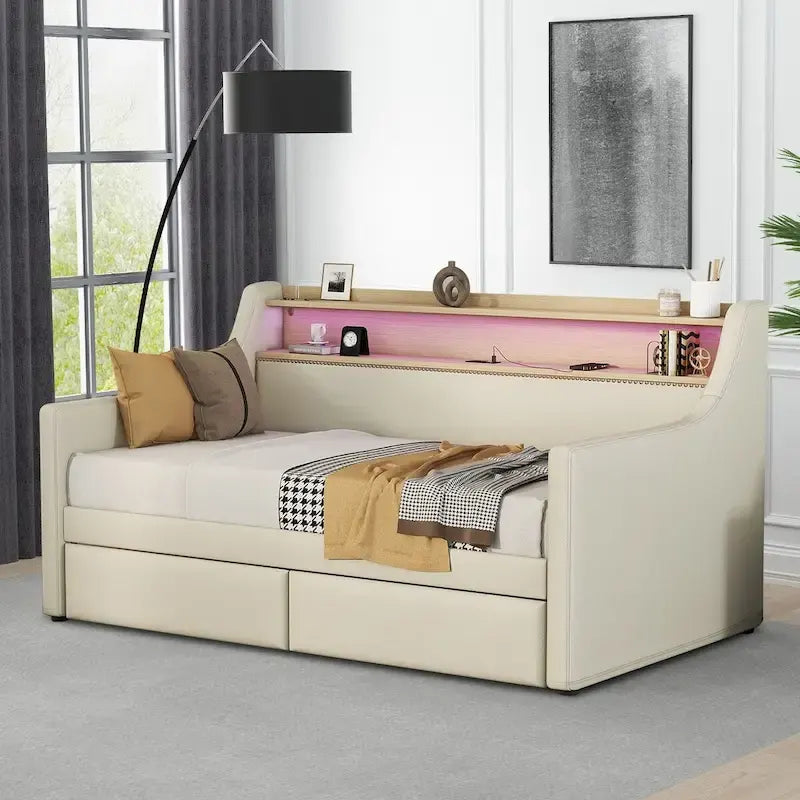 Lit de repos rembourré moderne et élégant de taille double avec rangement et garniture cloutée