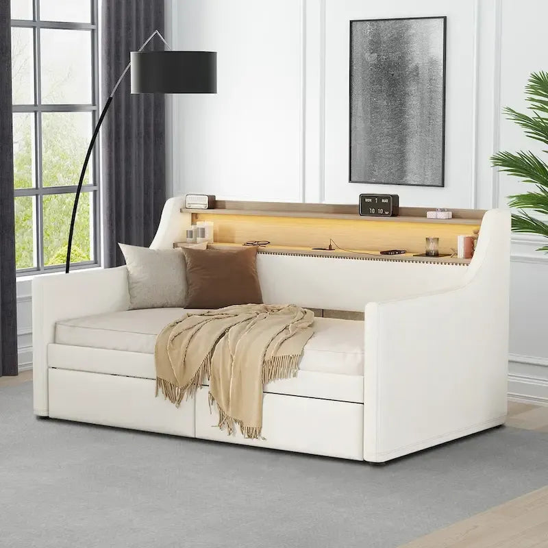 Lit de repos rembourré moderne et élégant de taille double avec rangement et garniture cloutée
