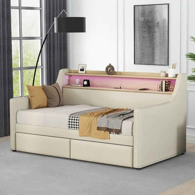 Lit de repos rembourré moderne et élégant de taille double avec rangement et garniture cloutée